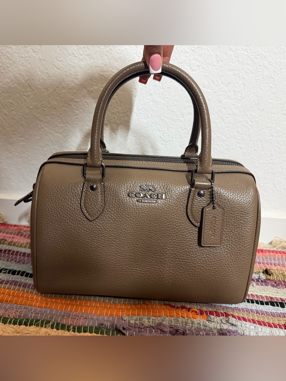 Coach Taupe Pebbled Leather Mini Bowling Satchel